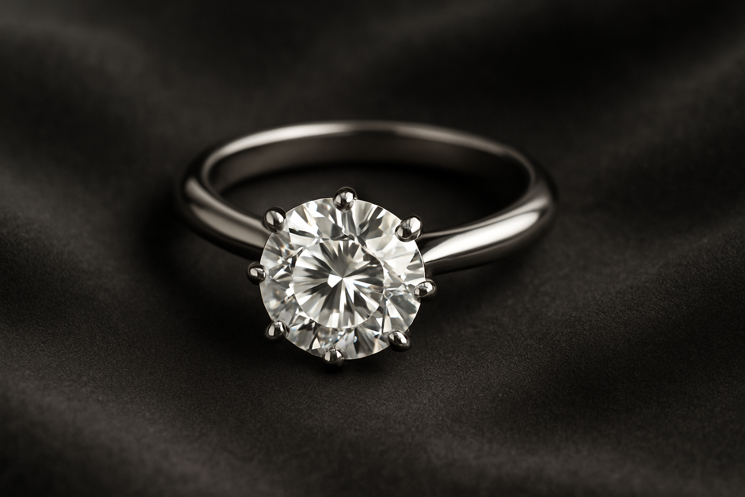 a close-up of a Tiffany Setting engagement ring with a sparkling diamond on a soft fabric background