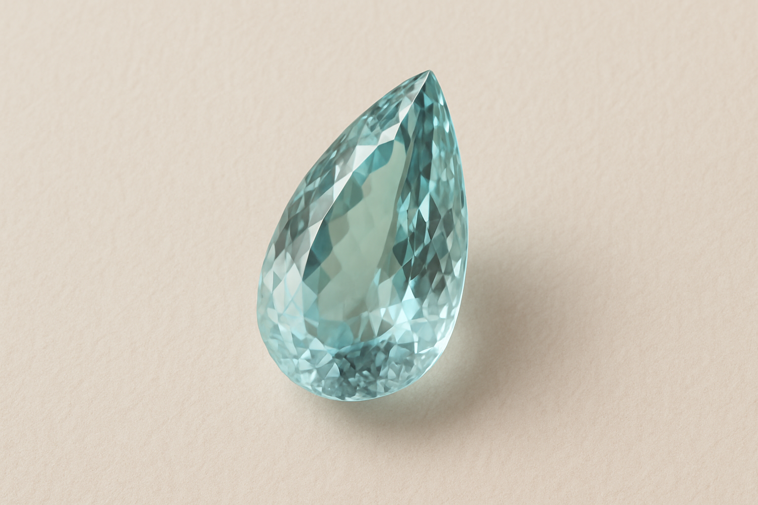 a close-up of a polished aquamarine gemstone on a light background