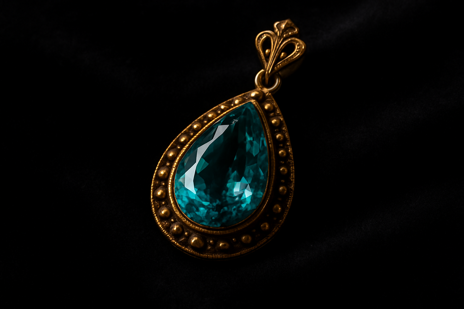 an antique aquamarine pendant on a dark velvet surface