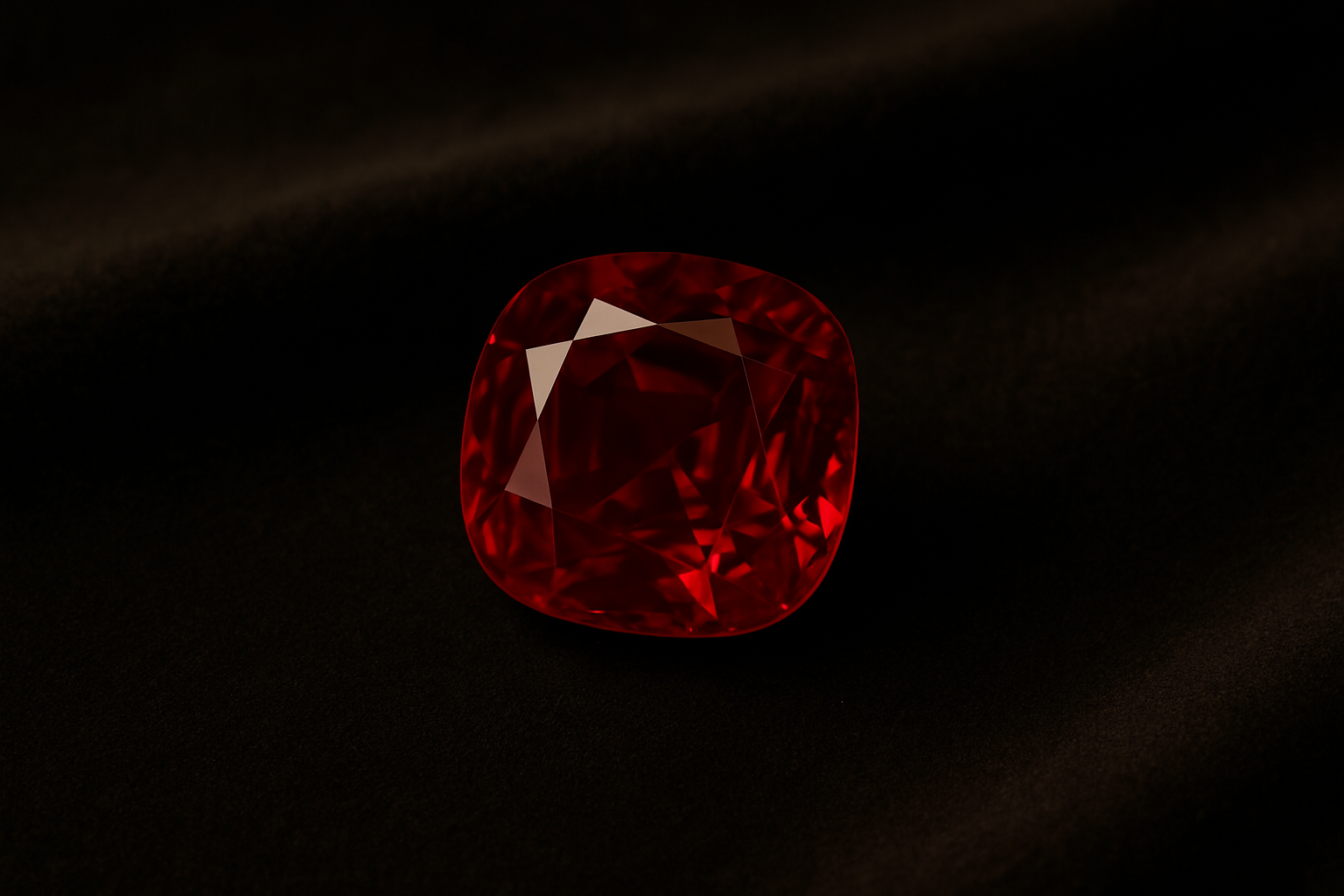 a close-up of a deep red Burmese ruby showcasing its clarity on a soft surface