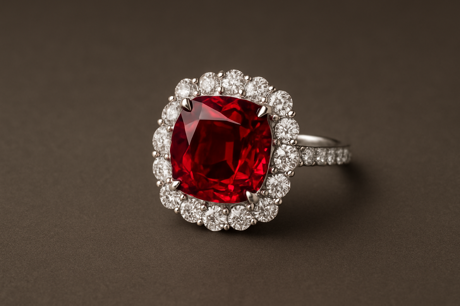 an elegant piece of jewelry featuring a Burmese ruby set with diamonds on a neutral background