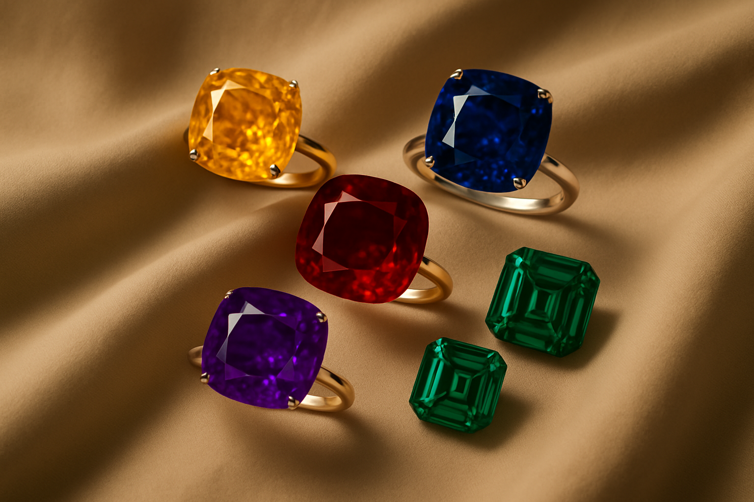 a beautiful arrangement of gemstone jewelry on a soft fabric background