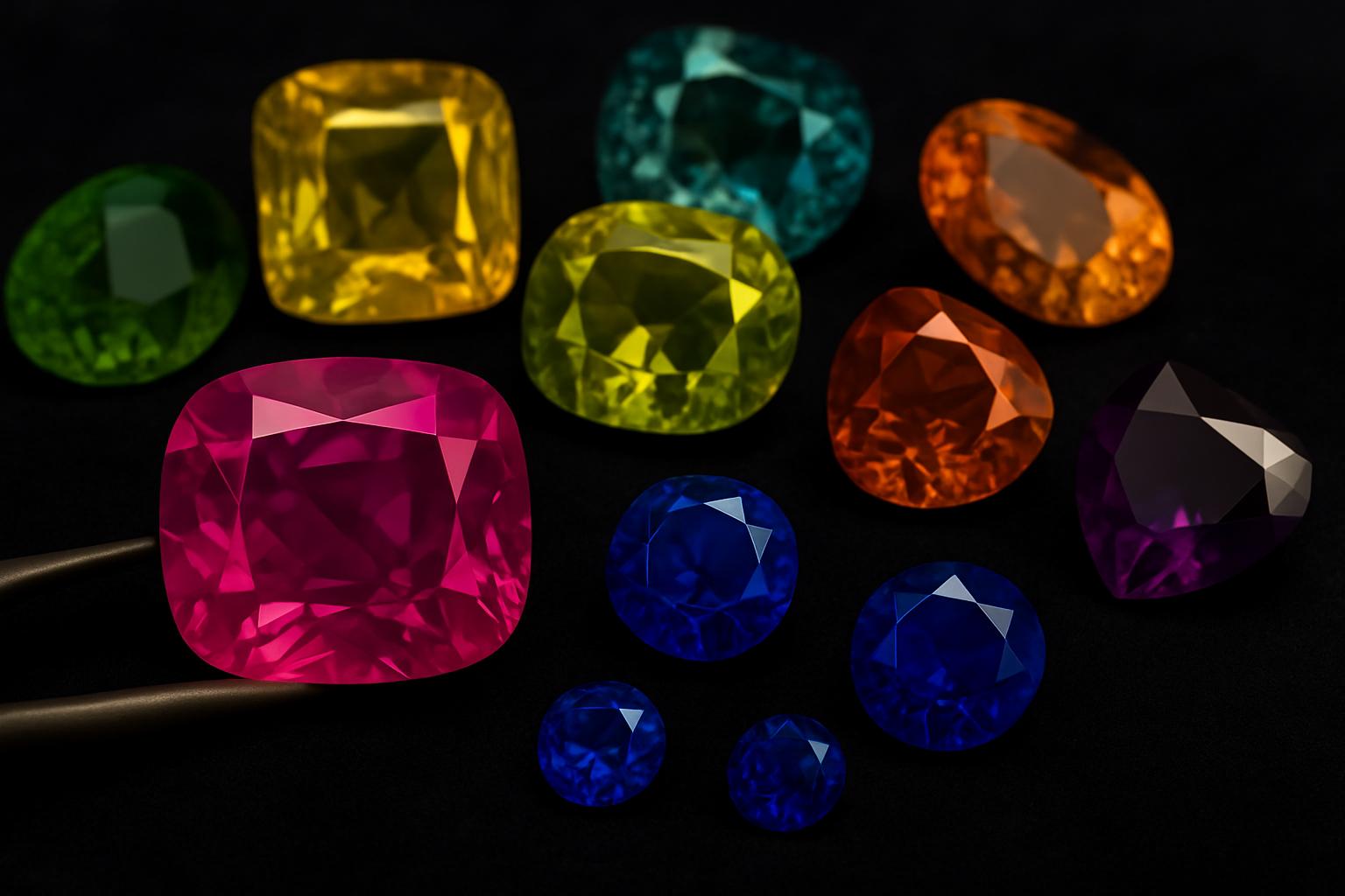 a close-up view of various gemstones with their names labeled elegantly