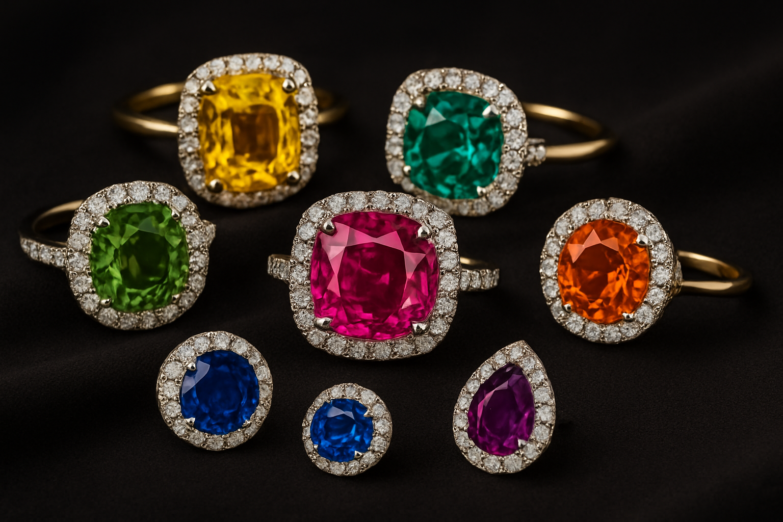 a selection of jewelry pieces showcasing different styles and settings on a soft fabric