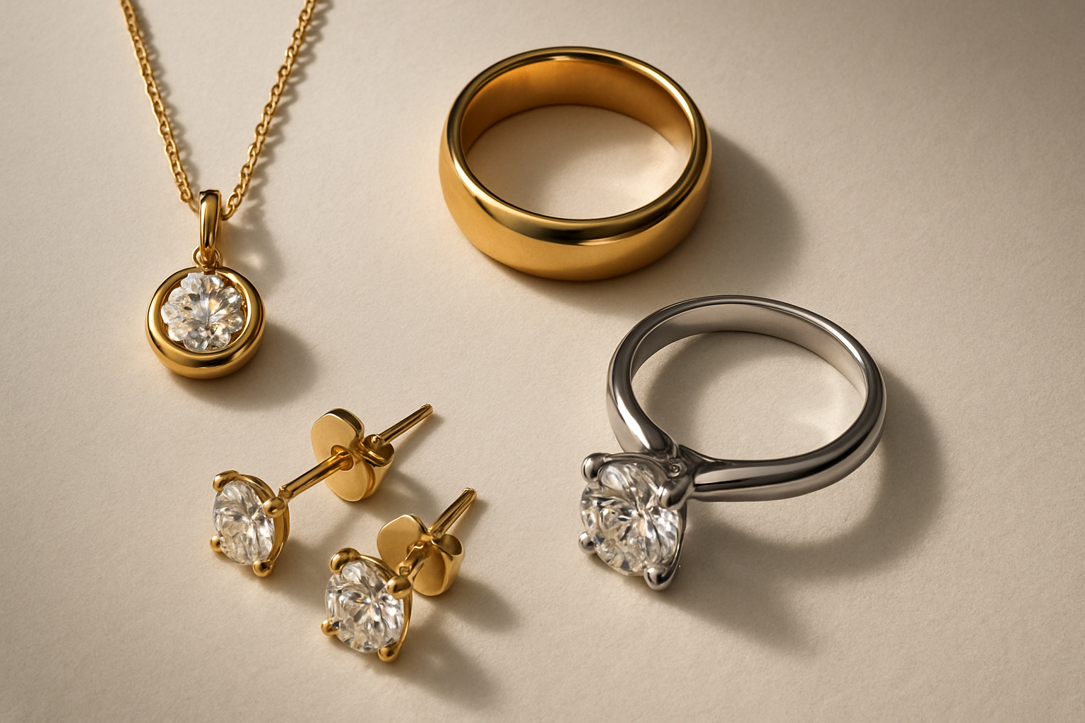 various classic jewelry pieces made of gold and platinum on a neutral background