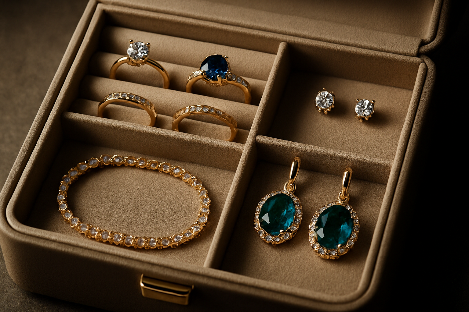 a well-organized jewelry box with classic jewelry pieces neatly stored inside