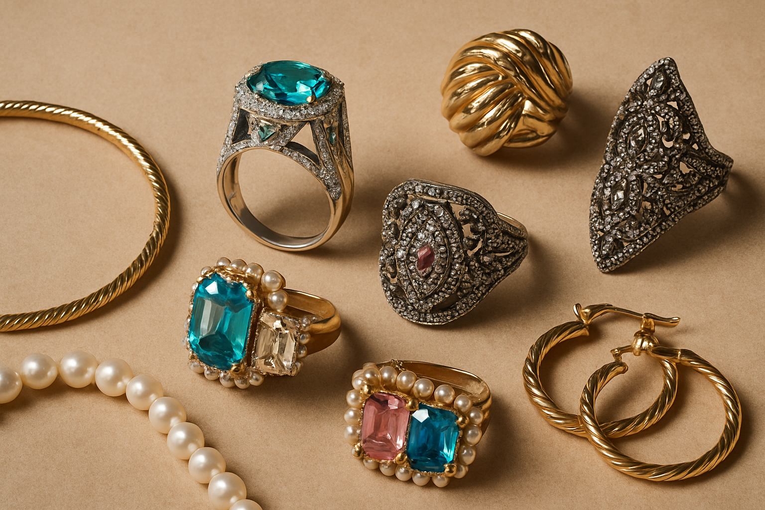 an assortment of fine and costume jewelry pieces on a neutral background