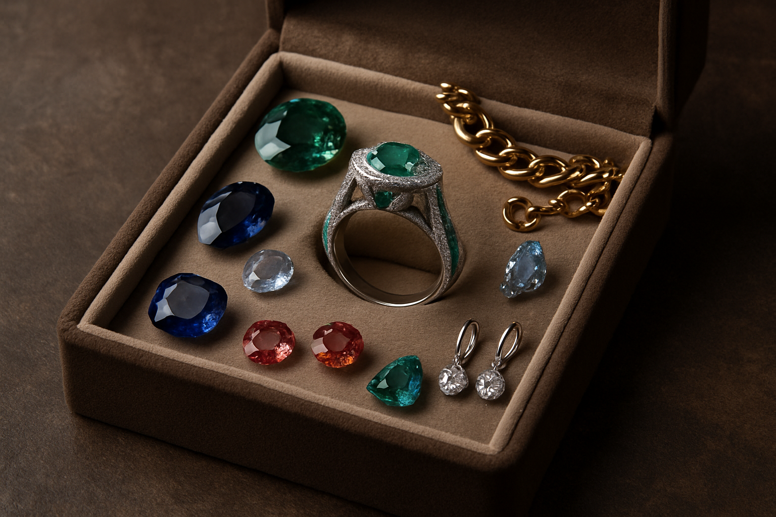 a close-up of an elegant jewelry box filled with assorted gemstones and jewelry items