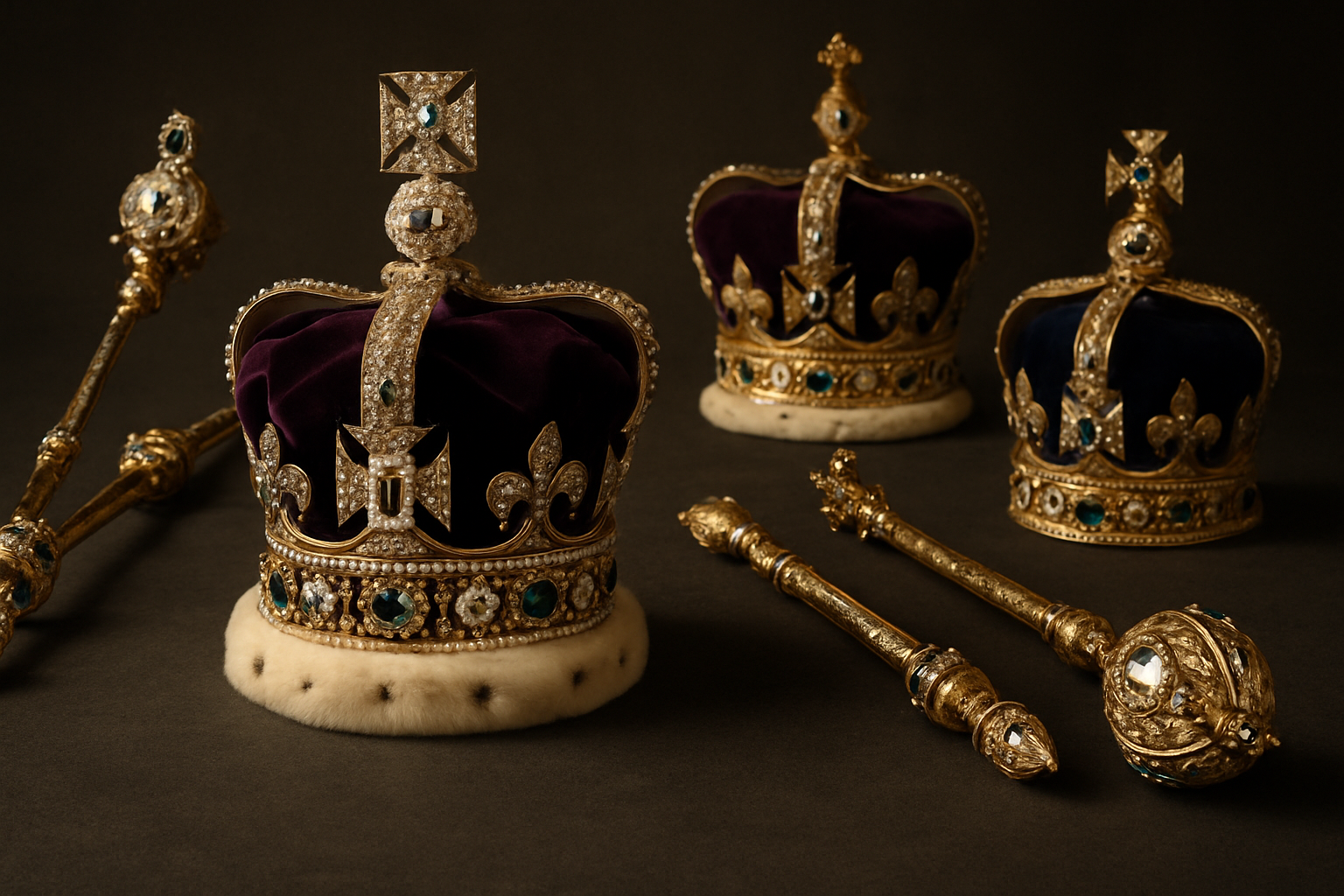 a display of various crown jewels including crowns and sceptres on an elegant surface