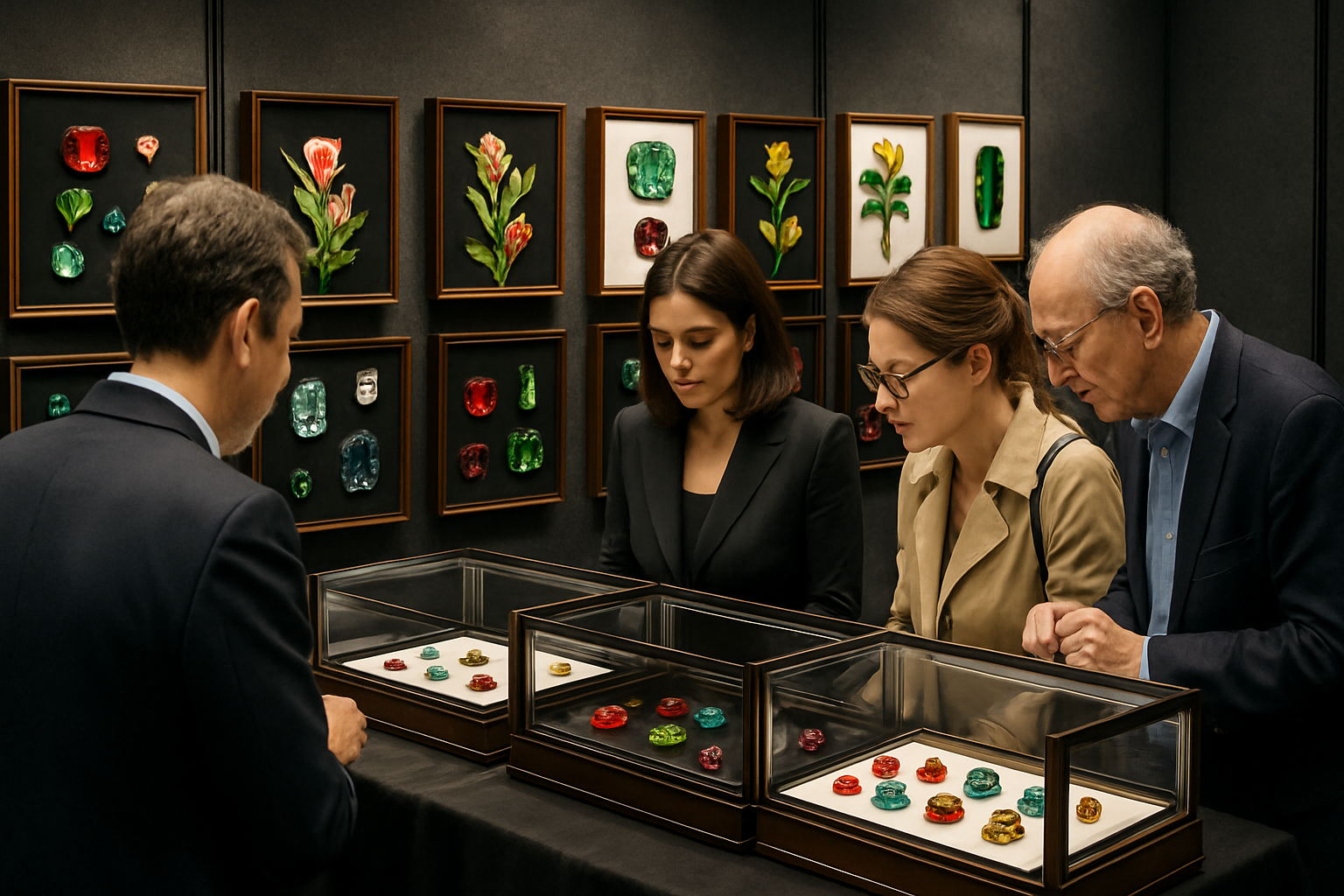 a well-lit gem show booth filled with sparkling gemstones and attentive collectors