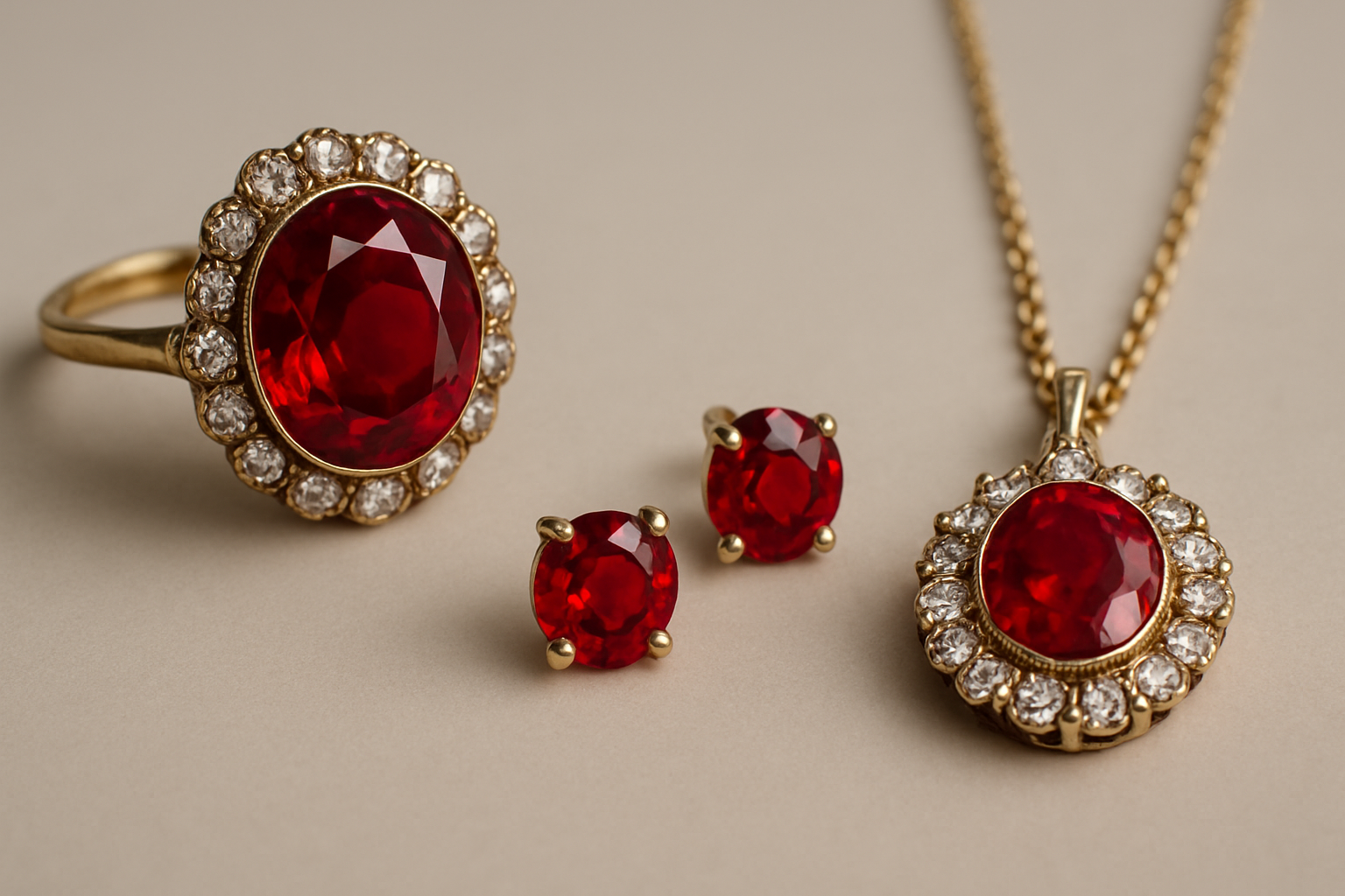 a collection of vintage ruby jewelry pieces on a neutral surface