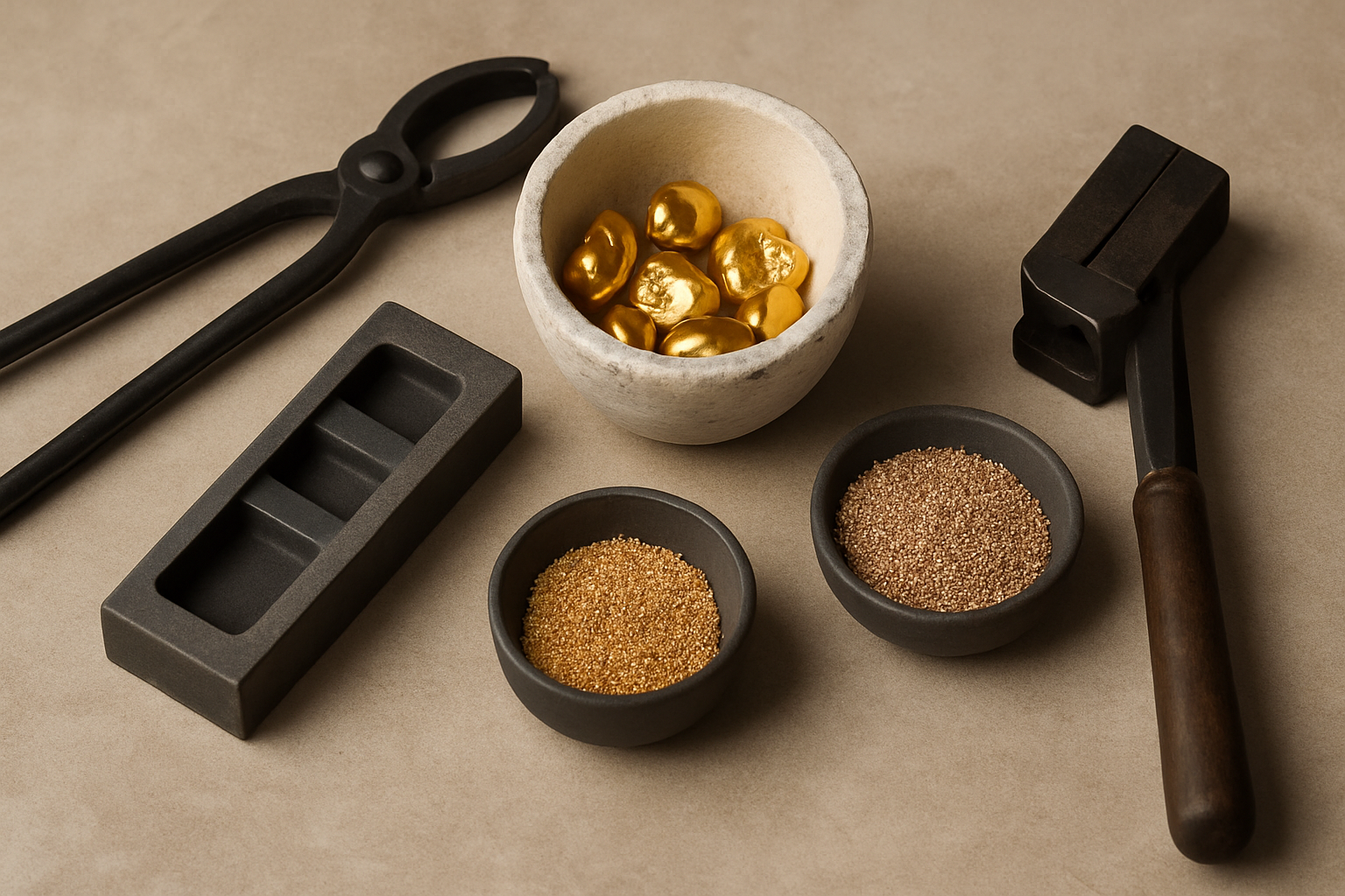 a detailed setup of tools and materials used in gold casting on a neutral surface