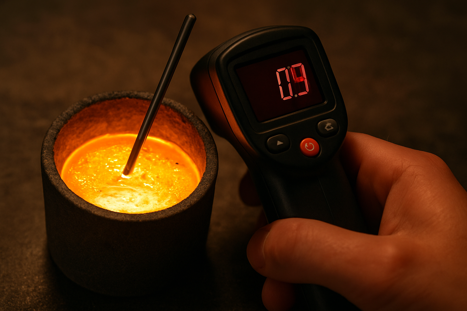 a precision thermometer measuring the temperature of molten gold, showcasing careful control