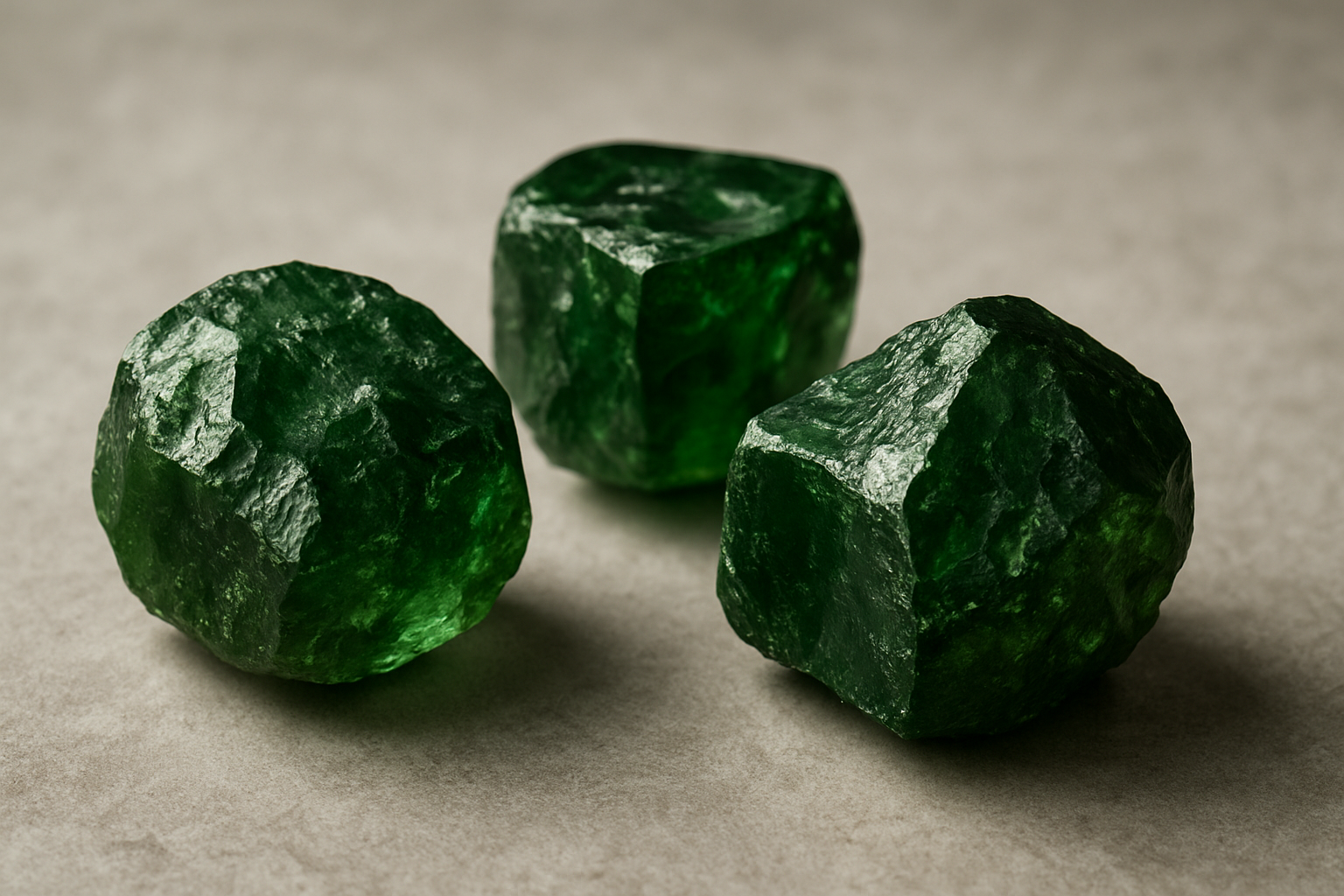 a close-up of raw green garnet crystals on a neutral surface, showcasing their unique textures