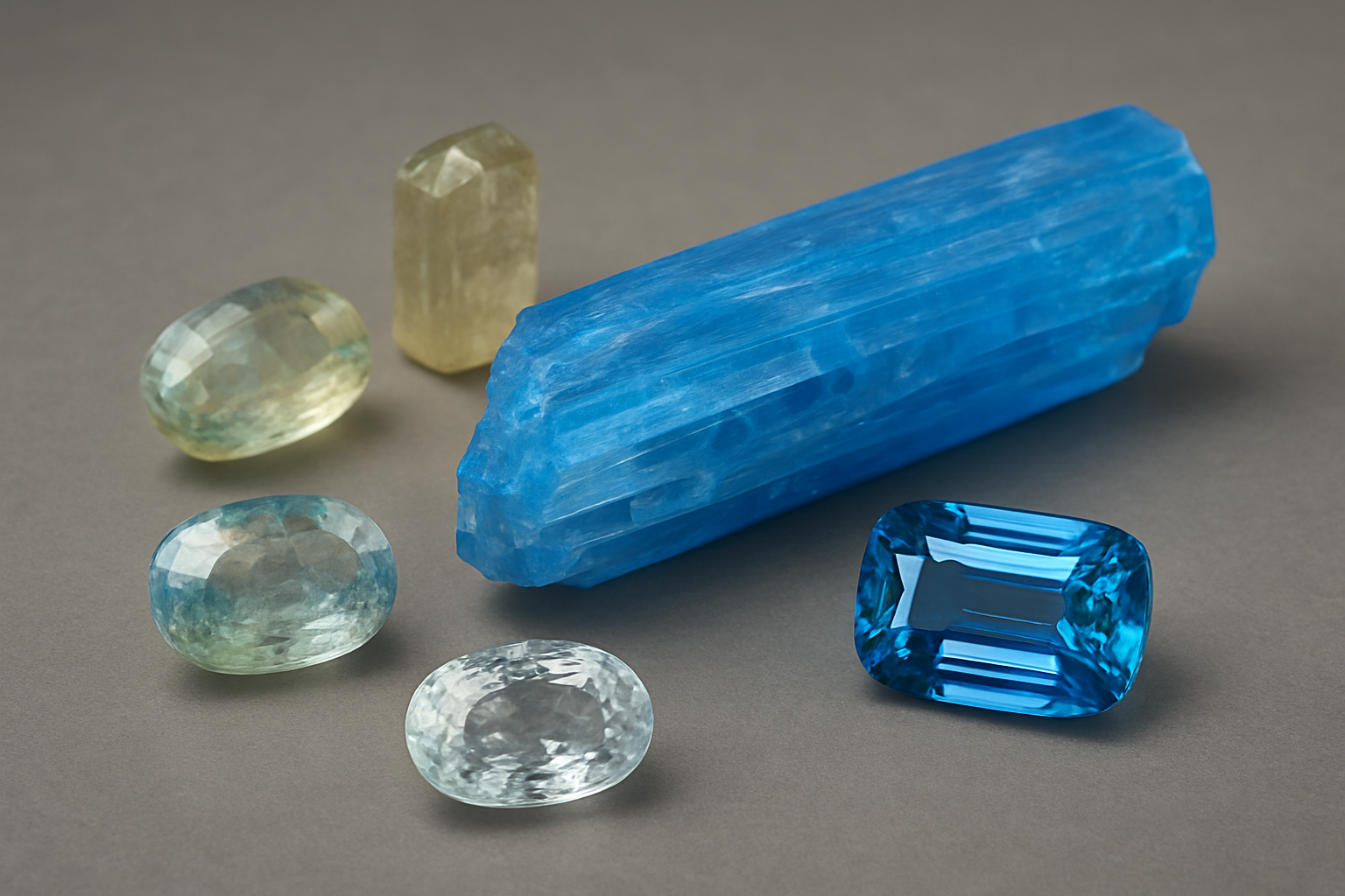 an assortment of jeremejevite stones showcasing various colors and clarity on a smooth surface