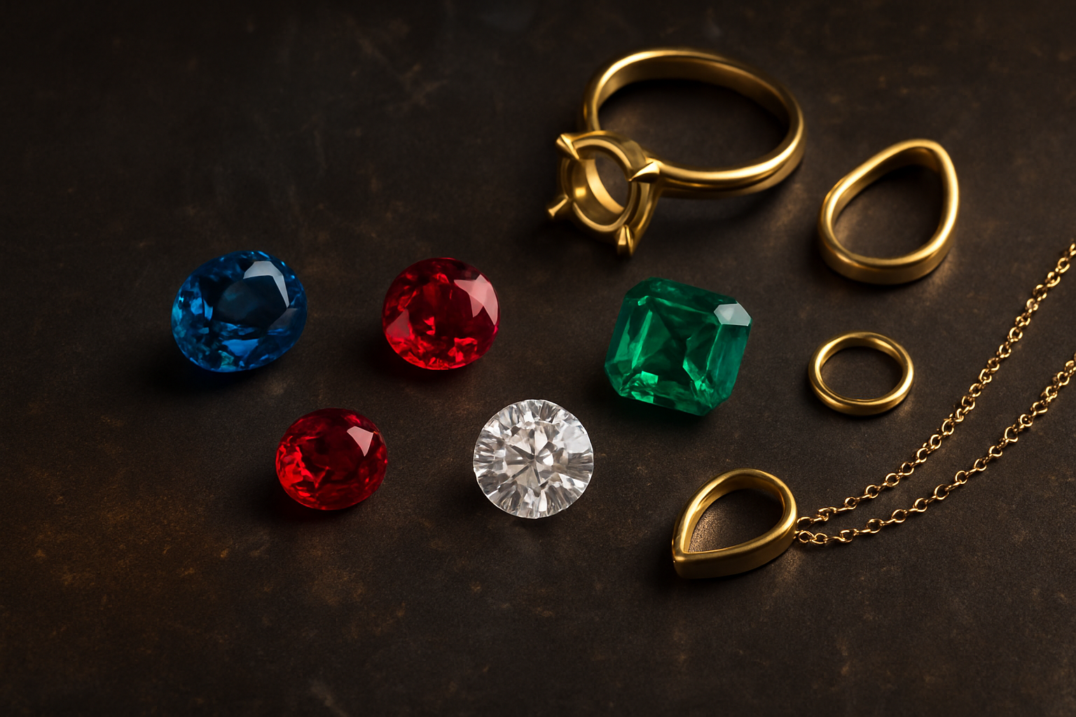 a close-up of high-quality gemstones and precious metals on a stylish surface
