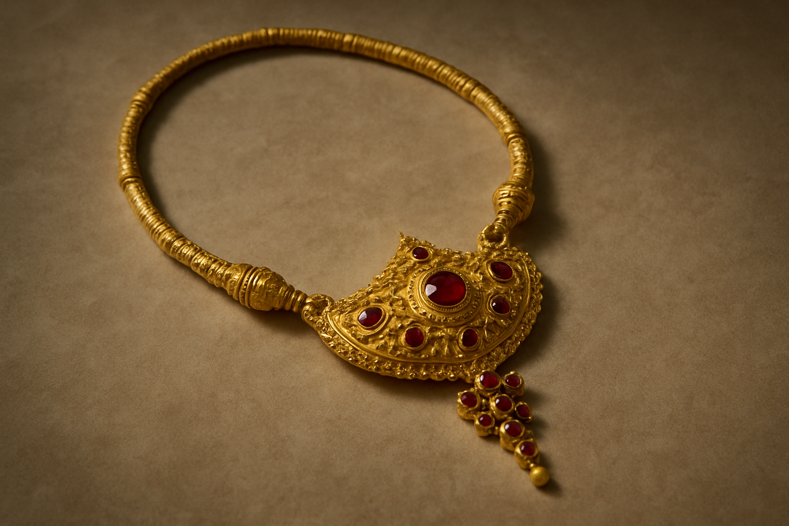 a beautifully crafted traditional Thai gold necklace on a neutral surface
