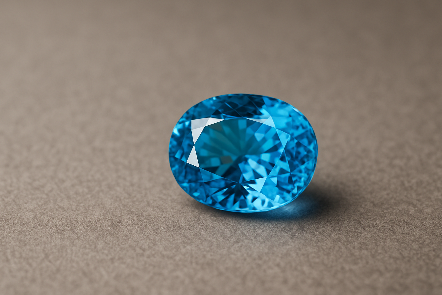 a close-up of a blue topaz stone on a neutral surface, showcasing its clarity