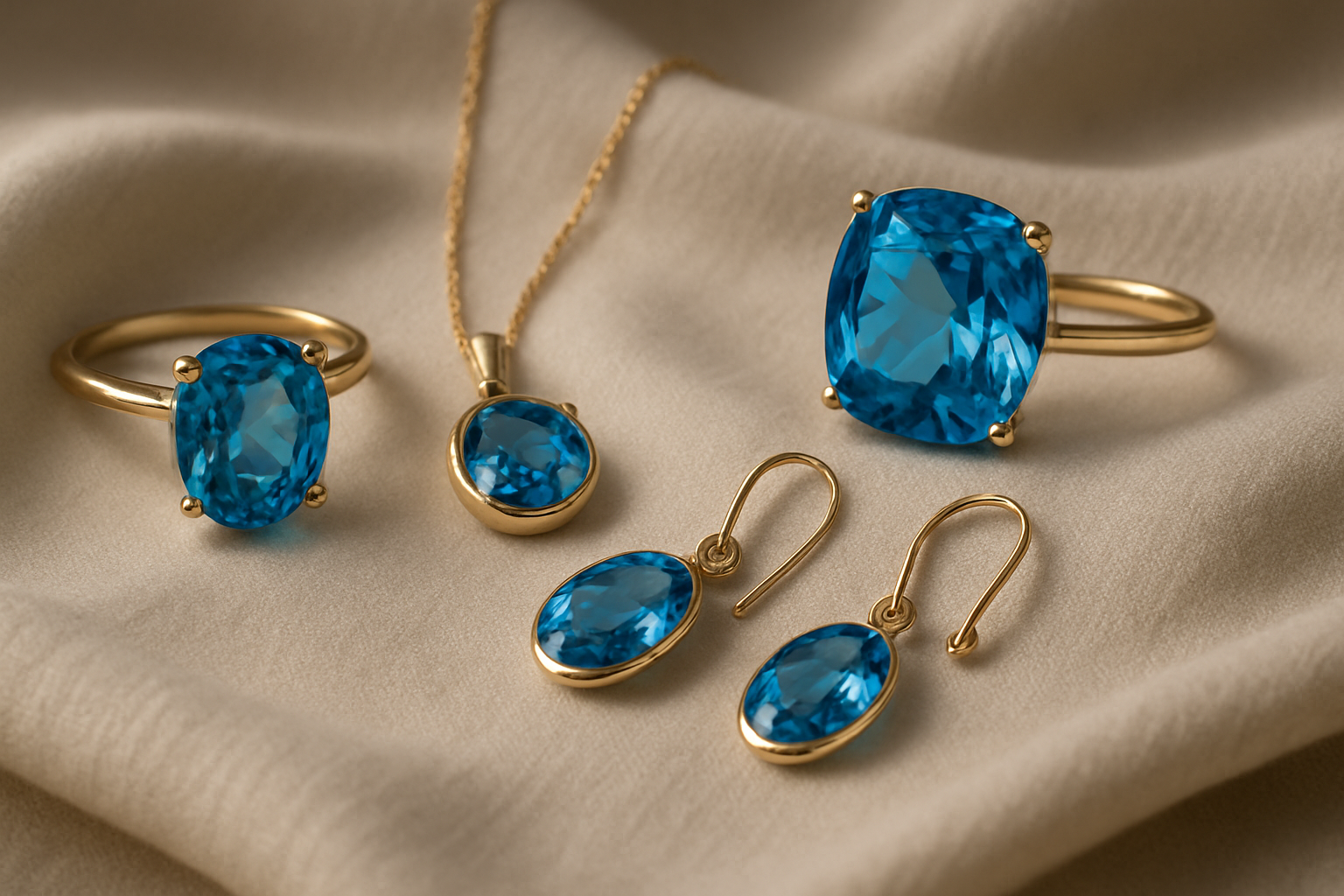 a collection of topaz jewelry pieces arranged elegantly on a soft cloth