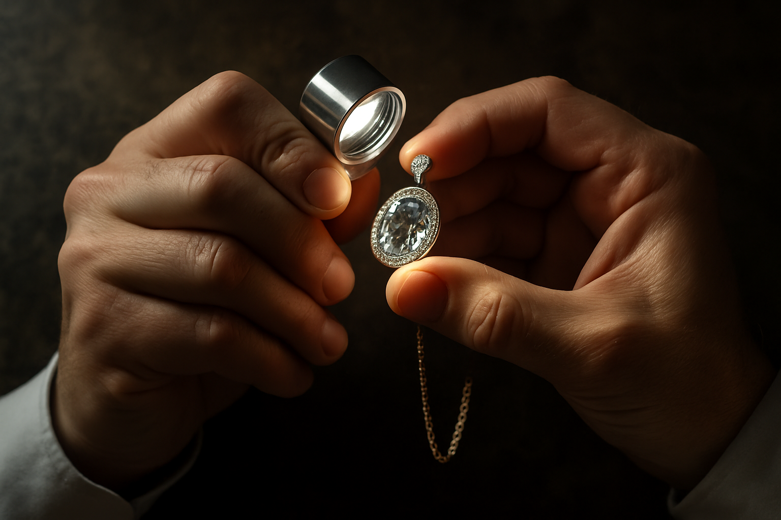 a detailed view of an artisan inspecting a finished jewelry piece under bright light