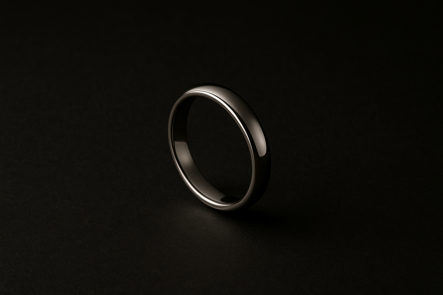 a polished platinum band resting on a smooth, dark surface