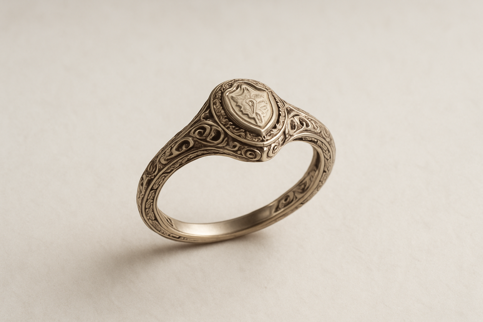 a white gold ring with intricate details on a light background