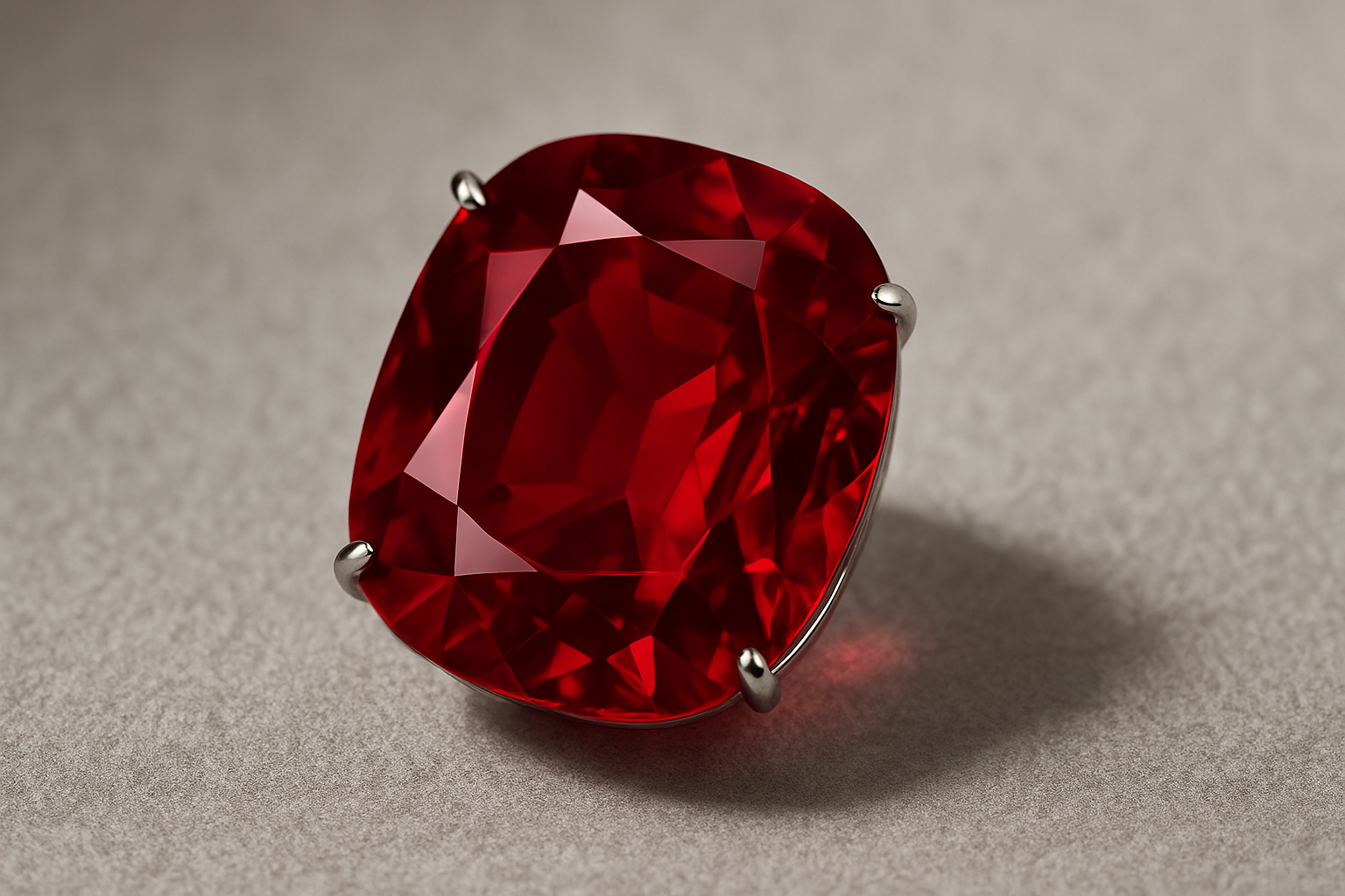 a close-up of a brilliant red ruby on a neutral backdrop, showcasing its facets