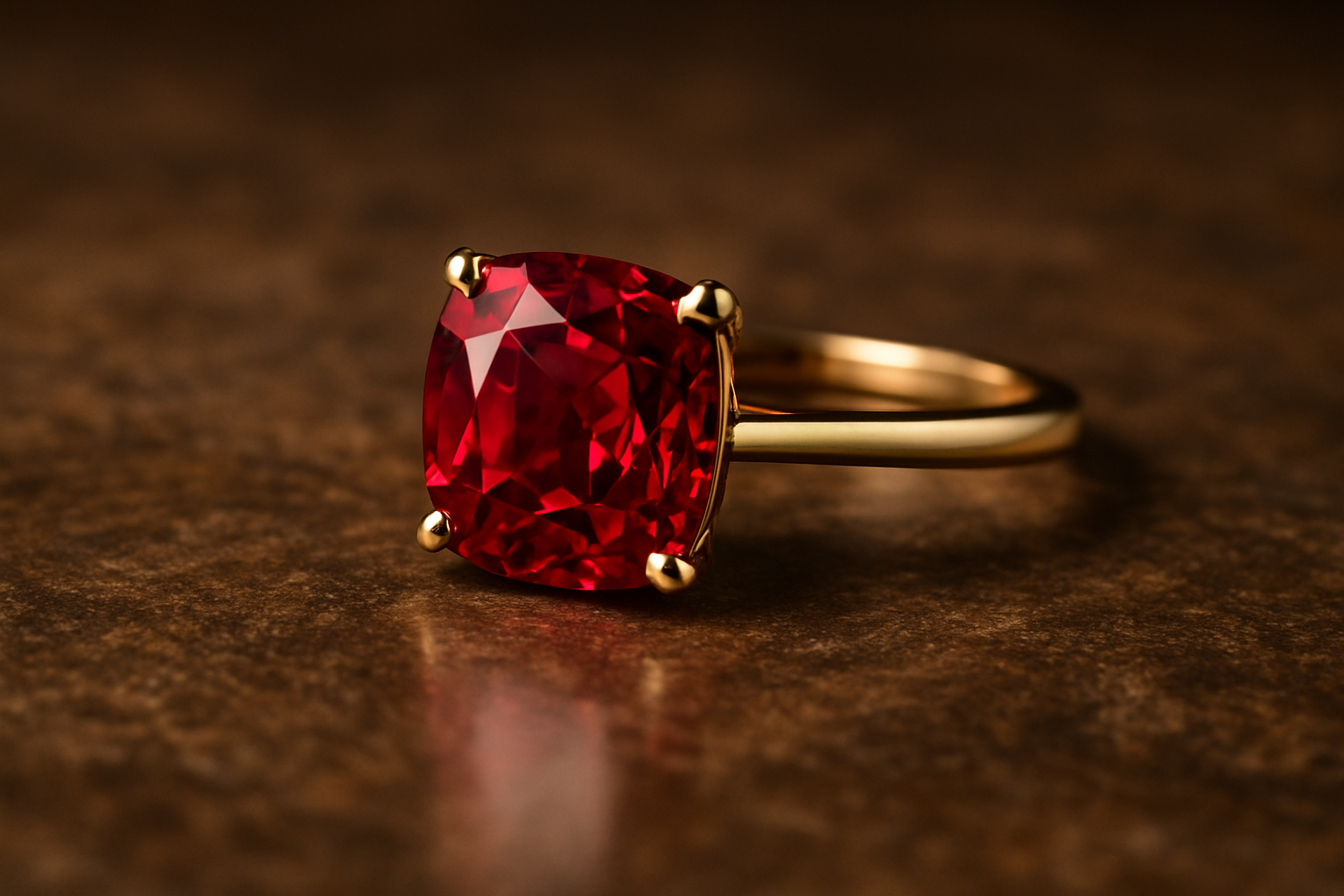 an elegant ruby ring displayed on a polished surface, highlighting its cut and setting