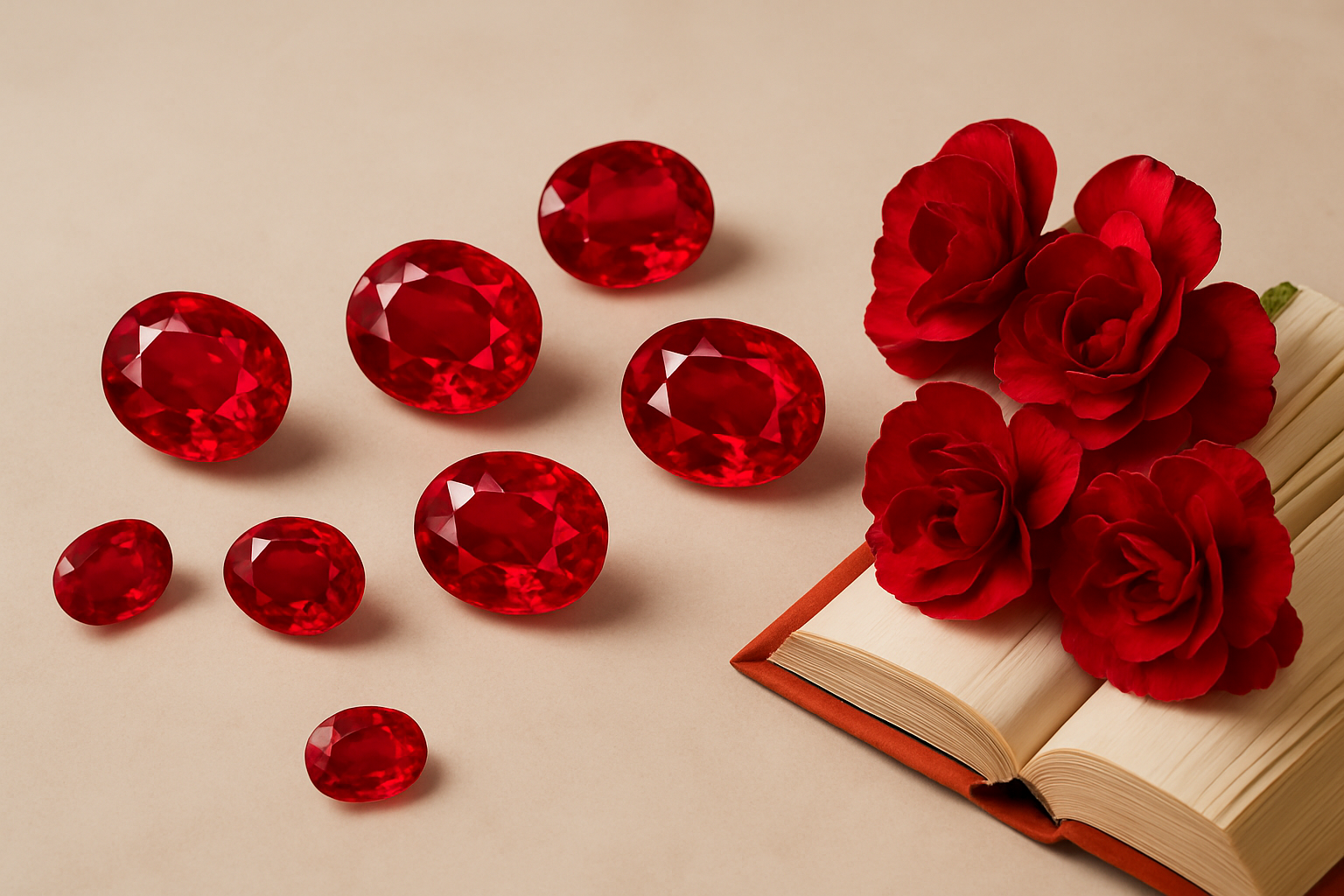 a selection of Pigeon’s Blood rubies displayed on a neutral surface, highlighting their color