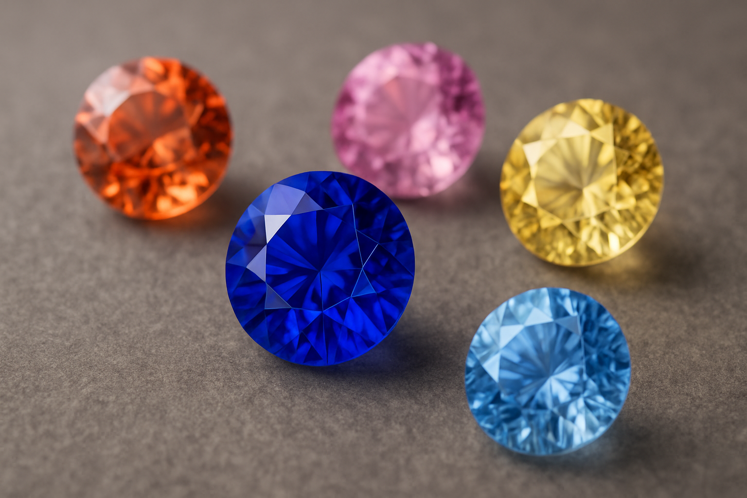 an array of sapphires in various colors displayed on a neutral surface