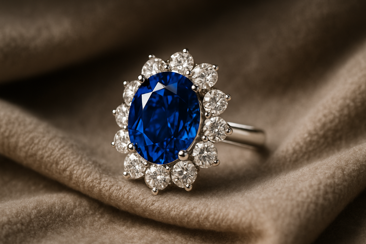a vivid blue sapphire surrounded by smaller diamonds, elegantly displayed on a soft fabric