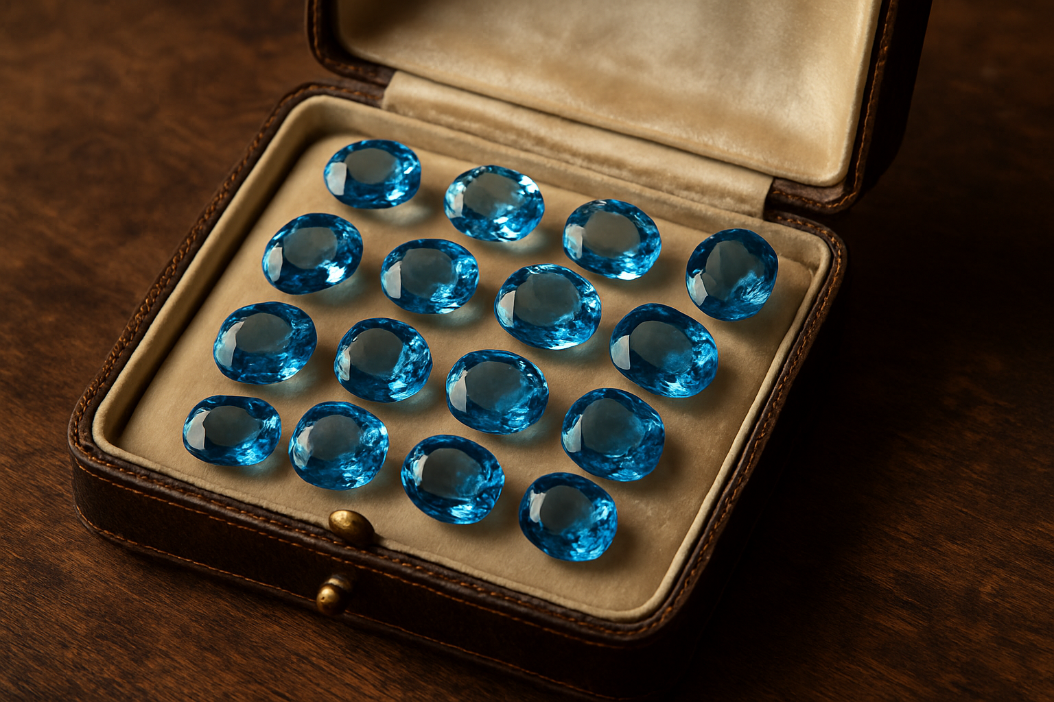 a vintage jewelry box with various blue topaz pieces inside, on a wooden table