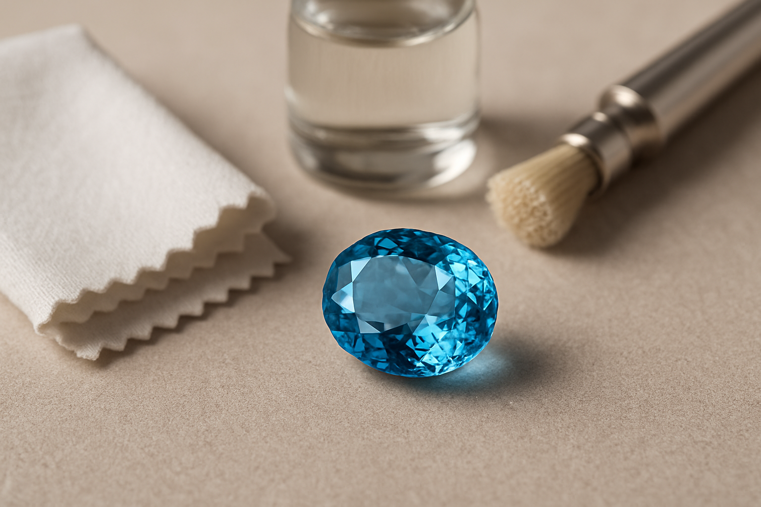 a polished blue topaz gemstone alongside cleaning supplies on a neutral surface