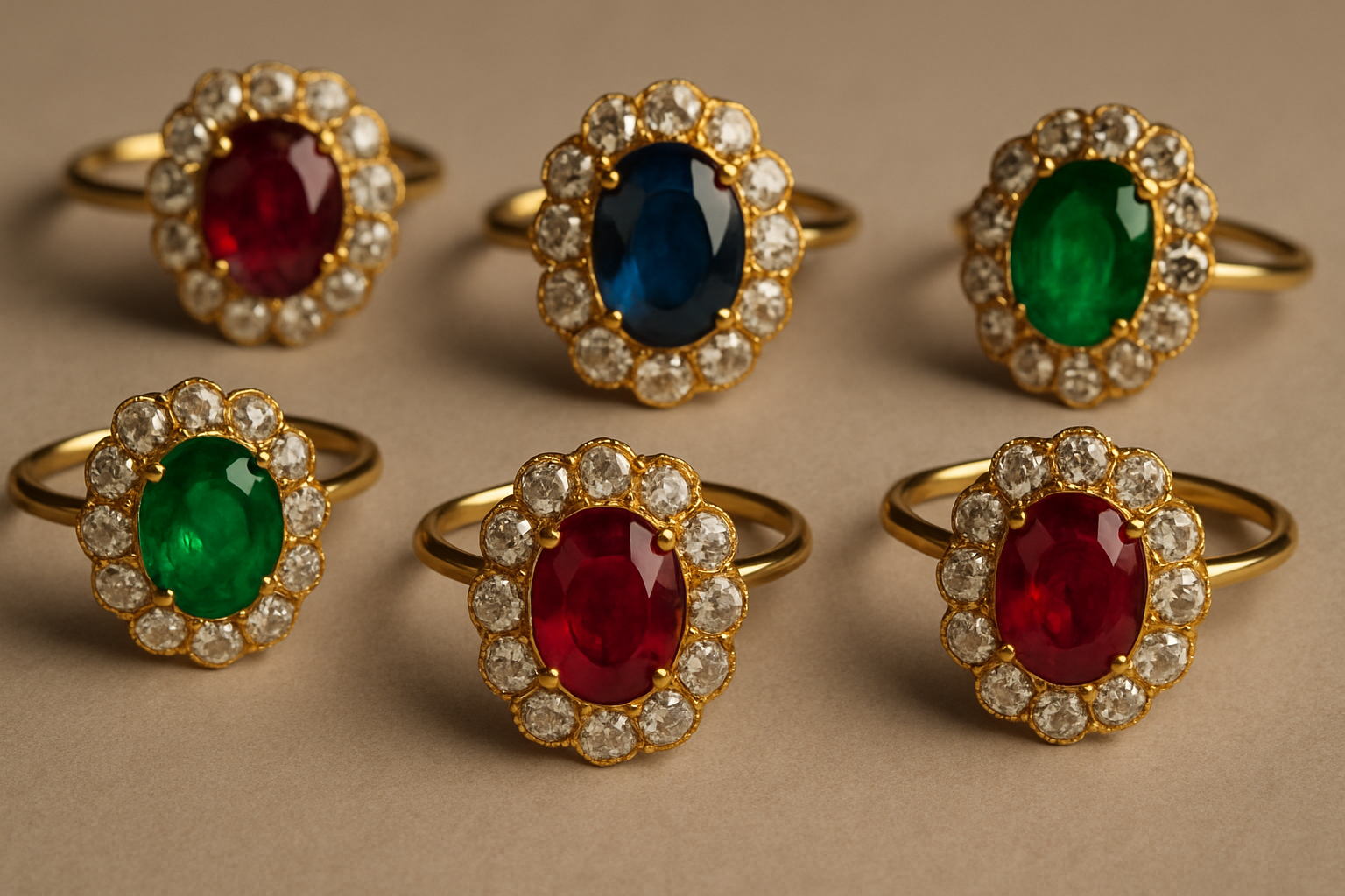 an array of colorful vintage gemstones, including sapphires, emeralds, and rubies, on a neutral surface