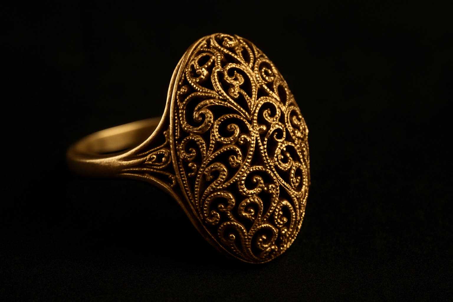 detailed close-up of intricate filigree work on a vintage ring, showcasing expert craftsmanship